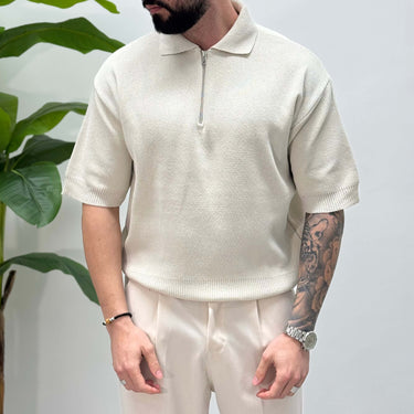 Polo cropped sabbia con cerniera mezza manica - FLAG STORE